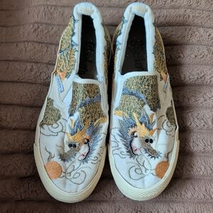 Skechers White Slip-On Flats with Gold and Blue Dragon Embroidery